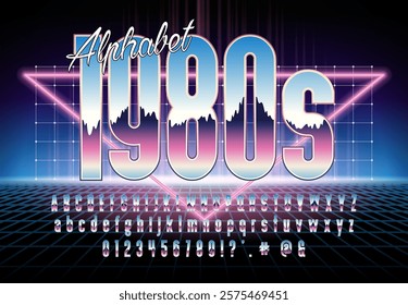 Retro Futuristic font in 1980s retrowave, synthwave style. Bright vector alphabet with chrome effect. Set with numbers, upper and lower case letters. Type for flyer, banner, poster, cover, etc.