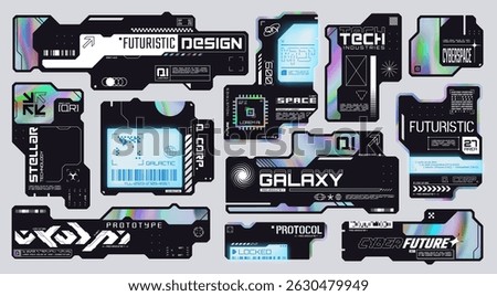 Retro futuristic frames with holographic elements, cyberpunk aesthetic decals. Sci-fi style badges with transparent display, techwear labels, minimalist high tech graphic design assets vector set