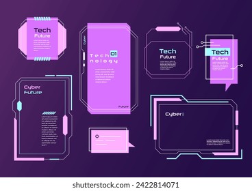 Marco retro futurista. Gráficos geométricos del ciberpunk para posts, diseños tecnológicos, banners de desarrollo virtual. Ilustración vectorial en colores neones. trazos editables. Mensaje electrónico.
