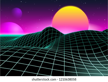 Retro Futuristic Game Planet Landscape Background 1980s Style. Digital Space Cyber Wave Surface. 80s Party Fashion Sci-Fi. Creative Template For Advertising Poster, Cover, Banner.
