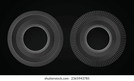 Circulo geométrico retro futurista en forma de cuadrícula de perspectiva. Maquinaria tecnológica científica con líneas.