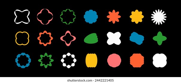 Retro futuristic geometric elements. Abstract minimalist figures, stars, flowers, circles. Graphic design elements. Vector illustration isolated on black background. Y2k.