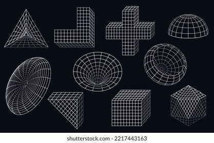 Retro futuristic geometric shapes with lines. Set of science technology elements of wireframes in the form of a perspective grid.