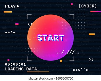Retro futuristic glitch. Cyberpunk start concept with abstract geometric shapes. Futuristic composition with color round element. Old computer game poster. Vector illustration.