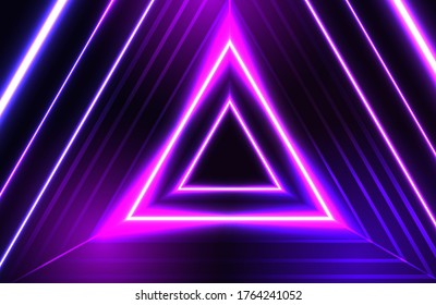 Retro futuristic glowing neon background. Geometric triangle with shiny blue neon light modern concept