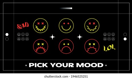 Retro futuristic graphic design elements with happy and sad faces