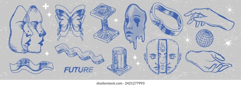 Retro futuristic graphic element vector y2k brutalism poster print set, technology cyberpunk icon. Acid brutal illustration, human face, butterfly, hand, globe. Texture bitmap noise, brutalism element