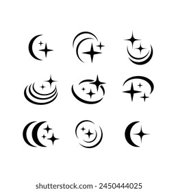 Retro futuristic graphics with stars and circles in y2k style. Orbital geometric icons. Simple sparkle elements, galaxy symbols collection. Vector illustration. Techno forms for modern designs.