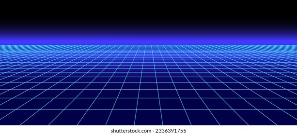 Retro futuristic grid background. Bright neon blue glowing tile floor in perspective. Lattice plane landscape wallpaper. Abstract horizontal checkered surface. Vector illustration 