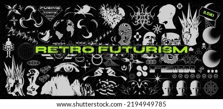 Retro futuristic grunge elements for design. Abstract three-dimensional figures, wireframe, people's heads. Blanks for a poster, banner, business card, sticker