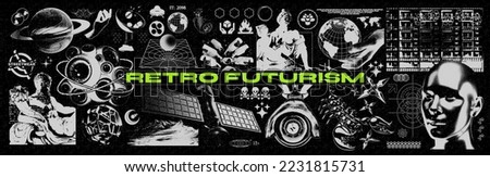 Retro futuristic grunge elements for design. Abstract 3D figures, space satellites, surveillance cameras. Set of threshold elements. Blanks for a poster, banner, business card, sticker