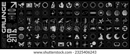 Retro futuristic grunge elements for design. Abstract retro geometric 3D shape, techno elements, universal shapes. Blanks for a poster, banner, business card, sticker