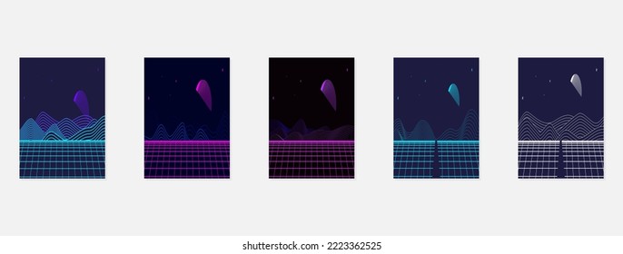 Retro futuristic landscape 1980s style poster or cover design template. Digital retro landscape cyber surface. 80s party background. Retro 80s fashion Sci-Fi Background. Digital Cyber Surface.
