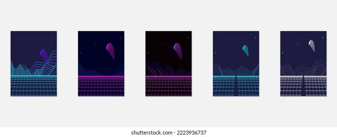 Retro futuristic landscape 1980s style poster or cover design template. Digital retro landscape cyber surface. 80s party background. Retro 80s fashion Sci-Fi Background. Digital Cyber Surface.