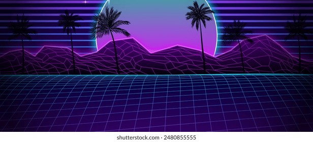 Retro futuristic landscape background with palm trees vector design in eps 10