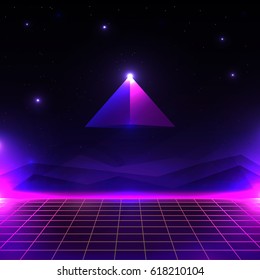 Retro Futuristic Landscape, Glowing Cyber World With Grid And Pyramid Shape. Sci-fi Background 80s Style.