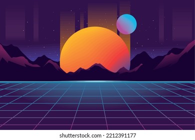 Retro Futuristic Landscape Mountains And Sun