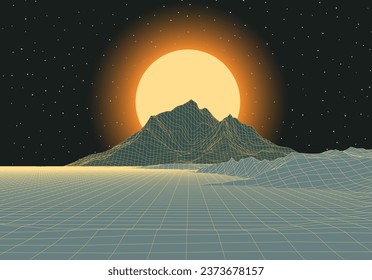 Retro futuristic landscape with mountains and sun in deep space. 80s styled synthwve landscape with sunrise over alien planet.