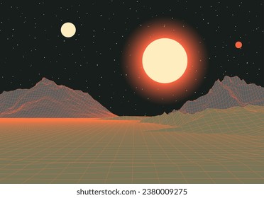 Retro futuristic landscape with mountains and sun in deep space. 80s styled synthwve landscape with sunrise over alien planet.