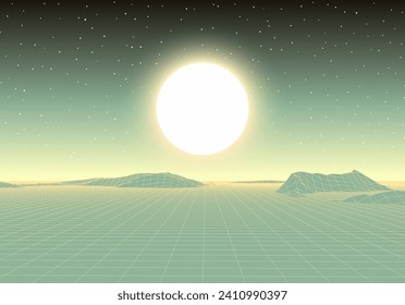 Retro futuristic landscape with mountains and sun in deep space. 80s styled synthwve landscape with sunrise over alien planet.