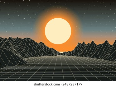 Retro futuristic landscape with mountains and sun in deep space. 80s styled synthwve landscape with sunrise over alien planet.