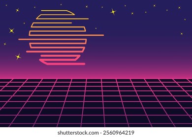 Retro futuristic landscape with neon grid, abstract sun, and starry sky in vaporwave style. Nostalgia abstract vector poster with copy space. Good for banner or background