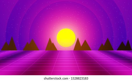 Retro futuristic landscape with neon sunset in the style of 80s. Synthwave retro background. Retrowave computer graphics and sci-fi concept.