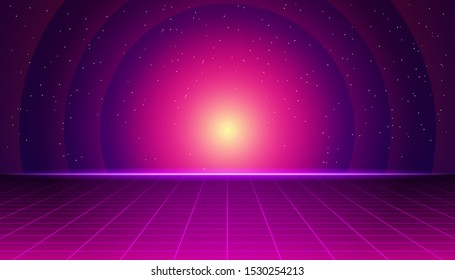 Retro futuristic landscape with neon sunset in the style of 80s. Synthwave retro background. Retrowave computer graphics and sci-fi concept.