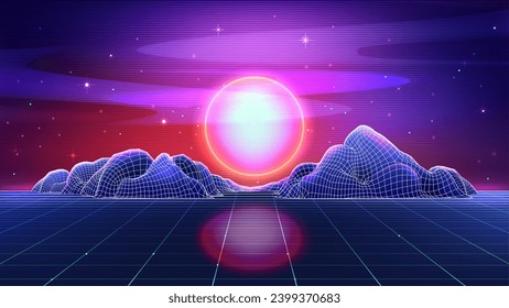 Paisaje retro futurista con puesta de sol neón, cielo estrellado, montañas sobre fondo de armazón de alambre. Ilustración vectorial del paisaje de matriz de ciencia ficción de los años 80 con perspectiva de rejilla láser en estilo de onda vaporosa o onda sintética