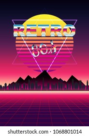 Retro futuristic landscape night city background 1980s style. Vector illustration