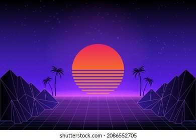 Retro futuristic landscape with palm trees. Neon sunset in the style of 80s. Synthwave retro background. Retrowave. Vector illustration.