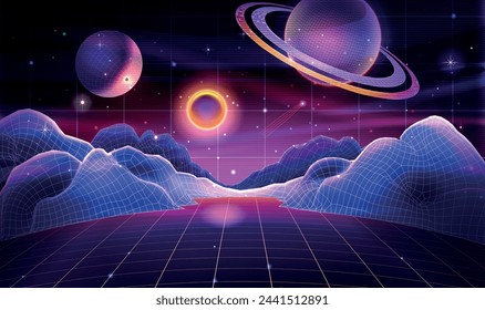 Retro futuristic landscape with planets, neon sun, starry sky, grid mountains. Vector illustration of digital retro sci fi cyber purple surface with laser perspective in 80s synthwave retrowave style.