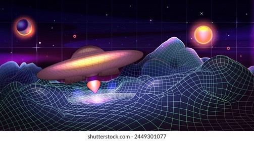 Retro futuristic landscape with spaceship, planet, sun, starry sky. Vector illustration of vaporwave laser sci fi grid abstract mountains in 80s synthwave retrowave style. Neon night glowing surface.
