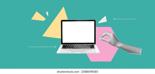 Retro futuristic laptop collage with geometric shapes in halftone style for creative design