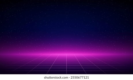 Láser futurista retro, fondo de rejilla de neón. Estilo Synthwave 80s, color neón. Fondo azul oscuro futurista 3d, Plantilla digital geométrica de ciencia ficción. Fondo de cielo estrellado, malla, suelo de rejilla. Vector