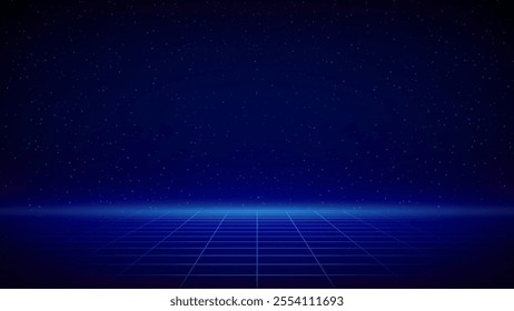 Retro futuristic laser, neon grid background. Synthwave 80s style, neon color. Futuristic 3d dark blue backdrop, geometric sci-fi digital template. Starry sky background, mesh, grid floor. Vector