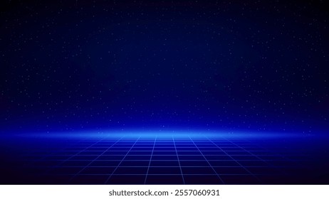 Retro futuristic laser, neon grid background. Synthwave 80s style, neon color. Futuristic 3d dark blue backdrop, geometric sci-fi digital template. Starry sky background, mesh, grid floor. Vector