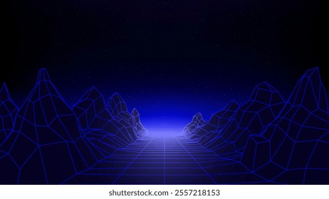 Retro futuristic laser, neon grid background. Synthwave 80s style, neon color. Starry sky background, mesh, grid floor, mountain. Futuristic 3d dark blue backdrop, geometric sci-fi template. Vector