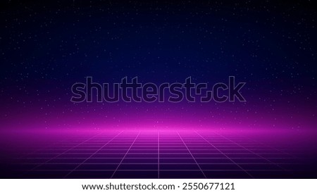 Retro futuristic laser, neon grid background. Synthwave 80s style, neon color. Futuristic 3d dark blue backdrop, geometric sci-fi digital template. Starry sky background, mesh, grid floor. Vector