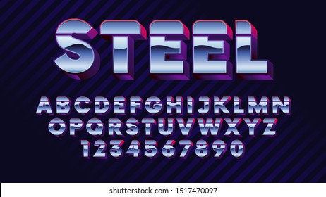 Retro Futuristic Latin Font, Shiny Chrome Letters And Numbers, Stylish Retro Synth Wave Alphabet Metallic Effect In 80s Style