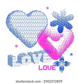 Retro futuristic love-themed pixelated stickers for Valentine's Day. Set of different bitmap or halftone elements - hearts, flowers, words love. Vector illustration.