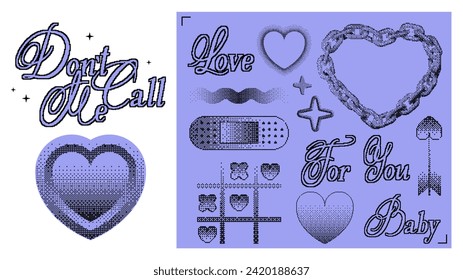 Retro futuristic love-themed stickers for Valentine's Day. Set of different bitmap or halftone elements. Vector illustration. Chain in the shape of a heart, stars, pixel hearts, love phrases.