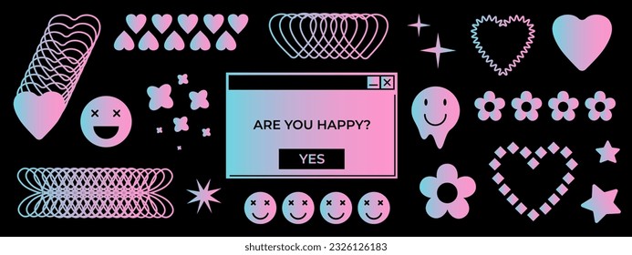 Retro futuristic luminescent neon objects. Vector illustration of smile faces, flowers, hearts and stars. Digital window of message with text. Design for teenage stickers.