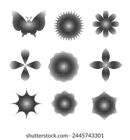 Retro futuristic minimalistic brutalism silhouettes of basic figures, extraordinary graphic elements of geometrical shapes composition with dotted halftone effect, Modern monochrome print elements set
