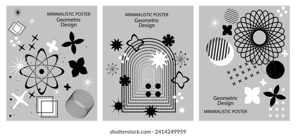 Retro futuristic minimalistic posters with simple shapes, graphic elements of geometric shapes composition. The concept of modern brutalism. Vector illustration.