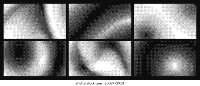 Planos de fundo de bitmap monocromáticos futuristas retrô com efeito de pontilhamento, textura de gradiente de arte abstrata de 1 bit. Sobreposição de papel de parede pixelated digital, meio tom dither vetor fundo modelo conjunto