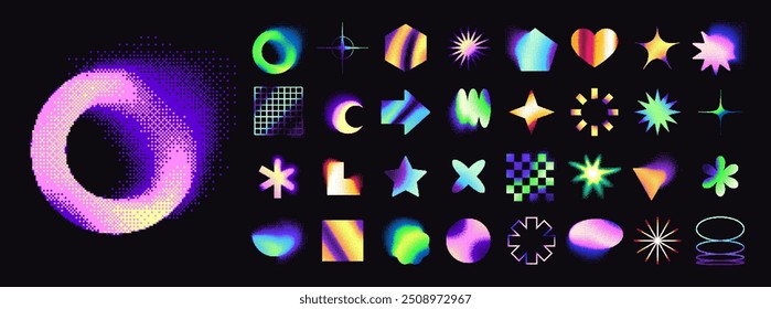 Retro futuristic neon bitmap geometric shapes, abstract y2k aesthetic gradient element with pixel dithering effect. Trendy pixelated halftone brutalism forms, 2-bit graphic elements vector set