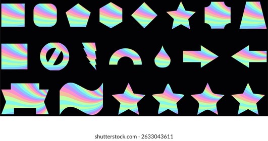 Retro futuristic neon bitmap geometric shapes, abstract y2k aesthetic gradient element with pixel dithering effect. Trendy pixelated halftone brutalism forms, 2-bit graphic elements vector set