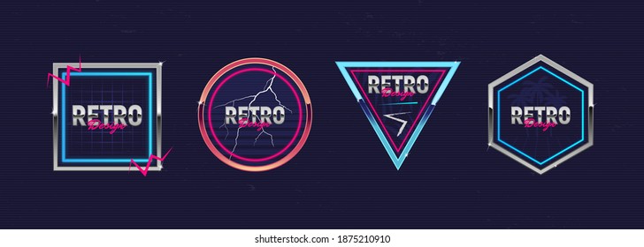 Retro futuristic neon frames. Outrun design elements. Hipster design. Retro 80's logos set for Night club, music album, invitation, banner, poster, cover. Print for t-shirt, tee. Vector illustration