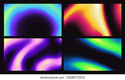 Retro futuristic neon gradient bitmap backgrounds with dithering effect, abstract pixel art holographic gradient texture. Digital pixelated wallpaper overlay, halftone dither vector background set